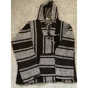 Vintage Black & White Stripped Mexican Baja Hoodie Surfer Pullover OS